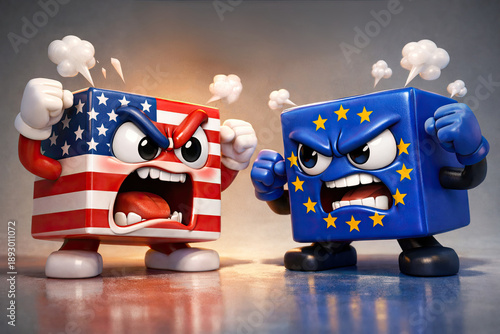 American Flag Character Fighting with European Union Flag Character .  Political Cartoon Anger Between Countries 