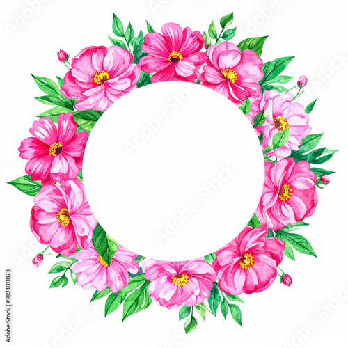 Watercolor painting of circular floral arrangement, vibrant pink blossoms with lush green foliage, art
