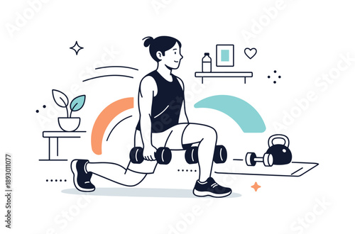 Calm Strength Workout. Home workout session. A person performing lunges with dumbbells in a living room or small gym space, subtle abstract shapes and lines