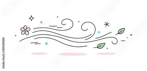 Spring Breeze Art. Spring air flow illustration. Minimal line art showing smooth wind currents drifting lightly across a clean background. Calm, refreshing