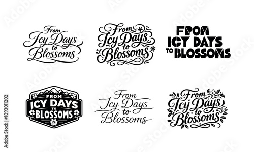 Seasonal Lettering Variations. From icy days to blossoms. Set lettering. harmonious lettering variations of the same emblematic concept, each with different