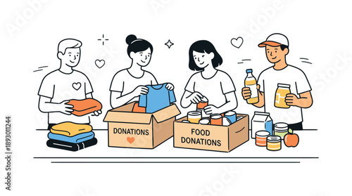 Organizing Donations Together. Volunteering teamwork. Volunteers organizing donations on a table, sorting clothes and food items calmly. Careful collaboration