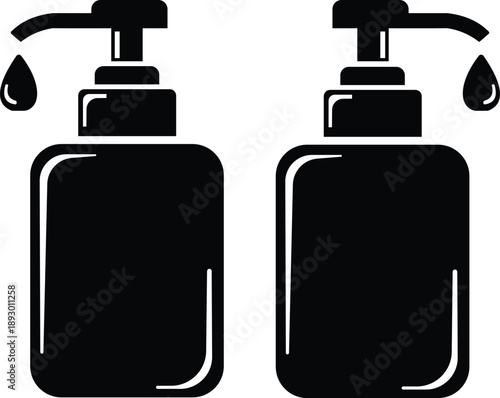 Minimalist liquid Monochromatic glyph icon representing a soap or hand sanitizer pump dispenser with an emerging drop ready for use vector icon set isolated on white background