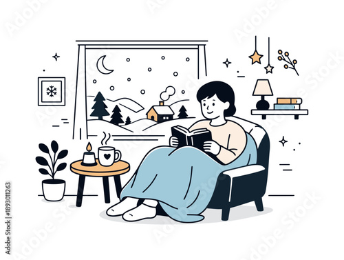 Cozy Winter Retreat. Winter cozy home scenes. Friendly illustration of a person relaxing indoors with a blanket and book, winter landscape behind the window.