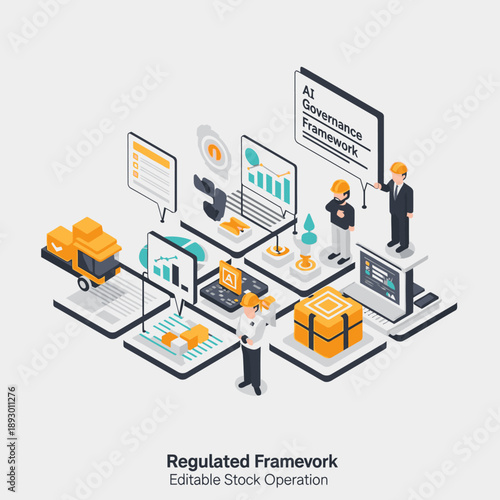 Isometric illustration of regulated framework for AI and stock operations.