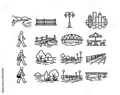 Urban Waterfront Icons. Urban Waterfront Walk. Line icon set of Urban Waterfront Walk: city river walkway, pedestrian walking path, riverside railing, street