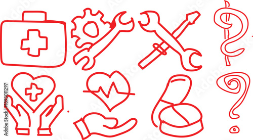 A collection of hand drawn red line art icons depicting medical tools gears hands and question marks suggesting problem solving high-quality professional detailed modern