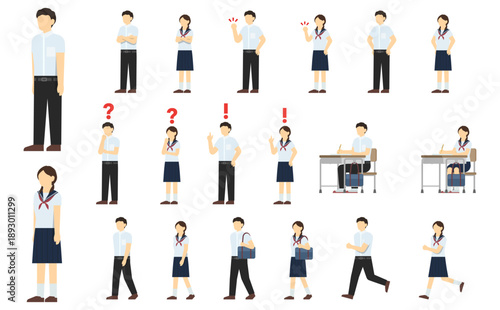 フラットイラスト：中学生セット(夏服)