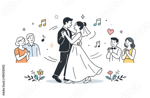 Romantic Wedding Dance. Bride and groom dancing. A couple dancing in the center while guests watch with soft smiles and floating musical symbols around.