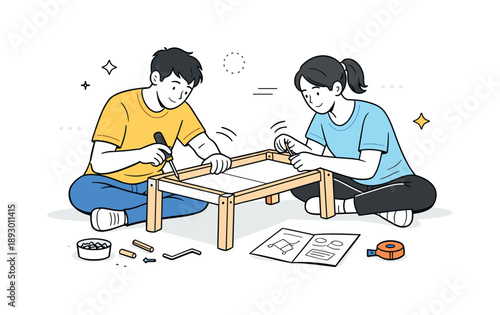 Teamwork in Assembly. People assembling furniture. Two people sitting on the floor, carefully assembling a flat-pack table together. Calm teamwork with tools,