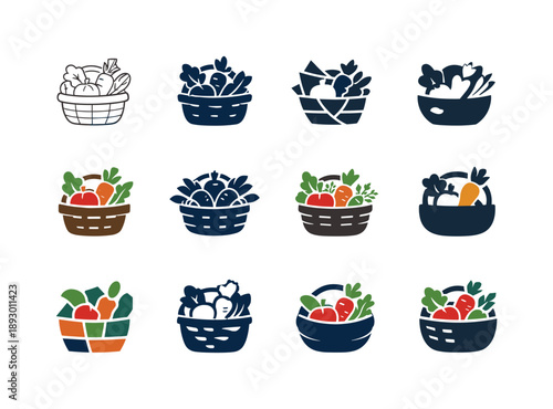 Seasonal Ingredients Icons. Cooking with seasonal ingredients. Icon set. Set Logo of Cooking with seasonal ingredients: basket of fresh vegetables and herbs.