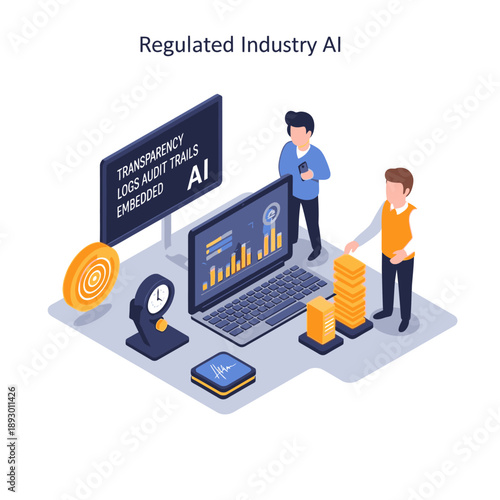 Isometric illustration of professionals analyzing AI data on laptop with charts and graphs.
