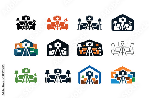 Vlog Logo Icons Grid. Recording a vlog at home. Icon set. Set Logo of Recording a vlog at home: camera on tripod in cozy room. harmonious logo variations of
