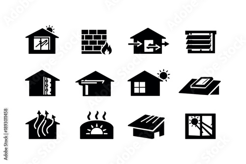 Passive Design Icons. Passive design elements. Solid icon set of Passive design elements: passive solar window, thermal mass wall, cross ventilation, shading