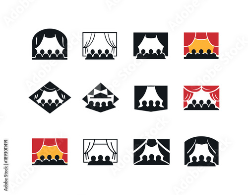 Theater Logo Variations. Theater performance. Icon set. Set Logo of theater performance: audience silhouette viewing stage. harmonious logo variations of the