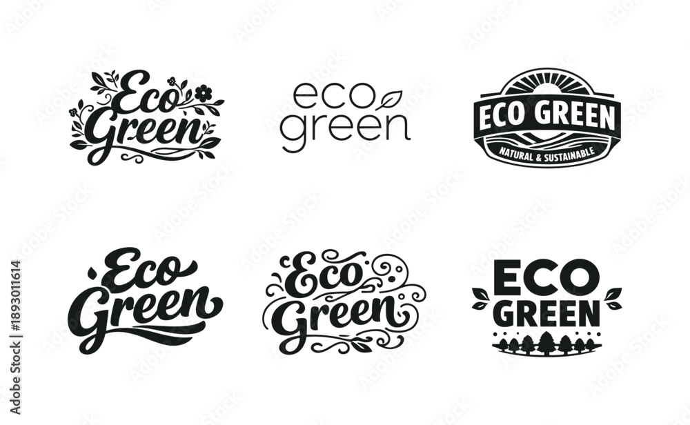 Obraz premium Eco Typography Variations. Eco Green Typography. Set lettering. harmonious lettering variations of the same emblematic concept, each with different artistic