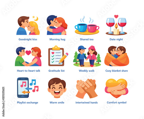 Connection Ritual Icons. Connection Rituals. Colorful flat vector icons set of Connection Rituals: goodnight kiss, morning hug, shared tea, date night candle,