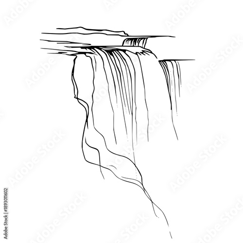 A black and white drawing of a waterfall cascading down a rocky cliff face with flowing water lines