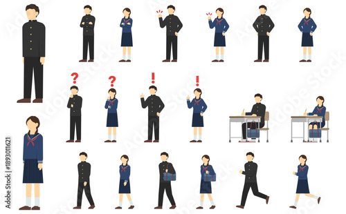 フラットイラスト：中学生セット(冬服)