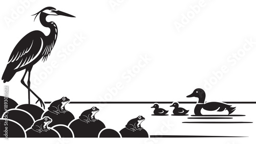 Black and white illustration of a heron with frogs and ducks on a pond