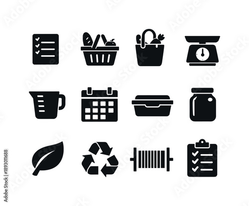 Smart Grocery Icons. Smart Grocery Planning. Solid icon set of Smart Grocery Planning: shopping list, grocery basket, reusable bag, kitchen scale, measuring