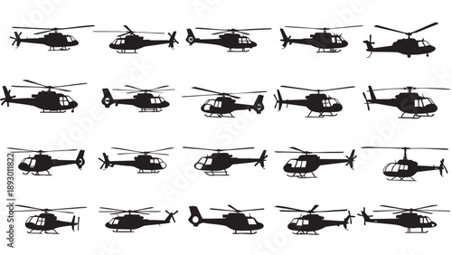 Collection of Black Helicopter Silhouettes Set on Transparent Background