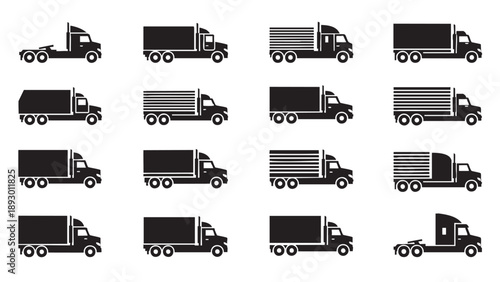 Collection of black silhouette truck icons representing transportation and freight vehicles