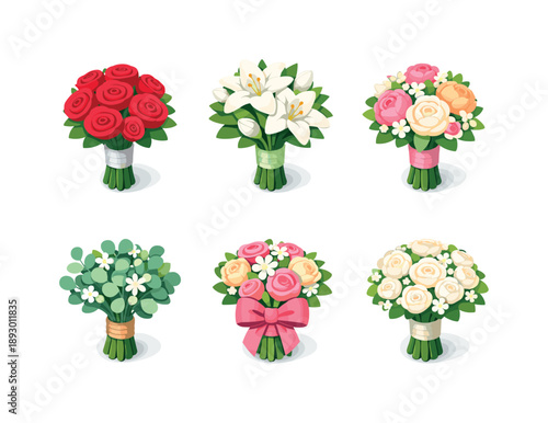 Isometric Wedding Bouquets. Wedding bouquets. Isometric flat vector icons set of wedding bouquets: bridal rose bouquet, white lily bouquet, pastel peony