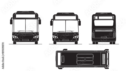 Collection of Bus Silhouettes Showing Front and Top Views for Transportation Design