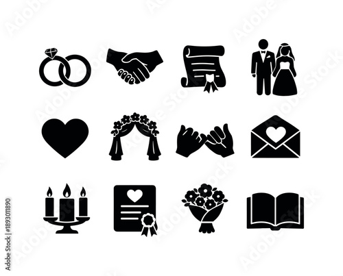 Wedding Icons Set. Wedding Vows. Solid icon set of Wedding Vows: wedding rings, holding hands, vow scroll, bride and groom, heart symbol, wedding arch, promise