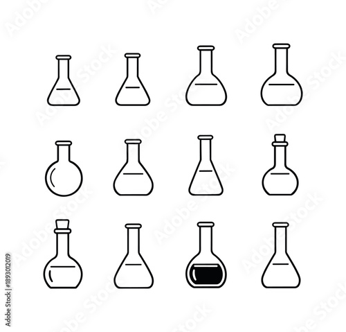 Volumetric Flask Icons. Volumetric Flasks. Line icon set of Volumetric Flasks: mL flask, mL flask, mL flask, mL flask, round-bottom flask, flat-bottom flask,