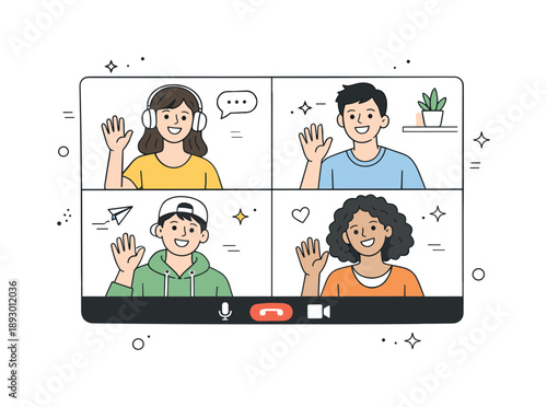 Virtual Friends Reunion. Video call with friends greeting. Friends waving at the screen during an online meeting. Friendly reunion and positive emotions across