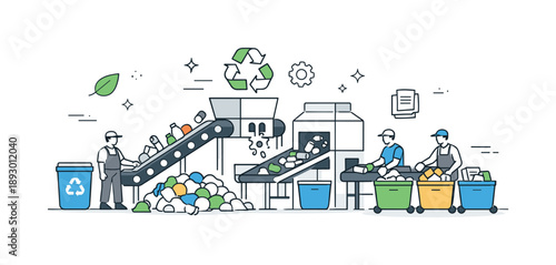Recycling Plant Process. Recycling process facility. Materials being processed in a recycling plant, conveyor belts and machines shown simply. Clear and