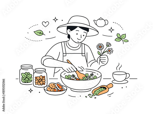 Organic Tea Craft. Organic tea blending process. A person carefully combines herbs and flowers for a custom tea blend. Craftsmanship, care, and natural