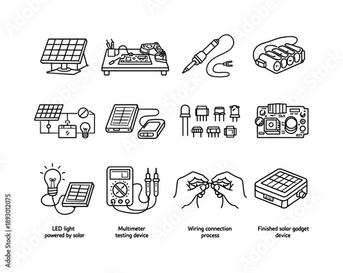 DIY Solar Tech Icons. Building Your Own Solar-Powered Gadgets. Line icon set of Building Your Own Solar-Powered Gadgets: solar panel module, DIY electronics