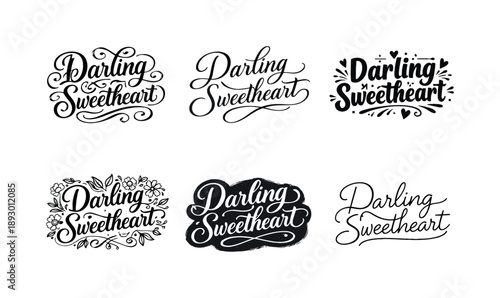 Artistic Lettering Variations. Darling sweetheart lettering. Set lettering. harmonious lettering variations of the same emblematic concept, each with different