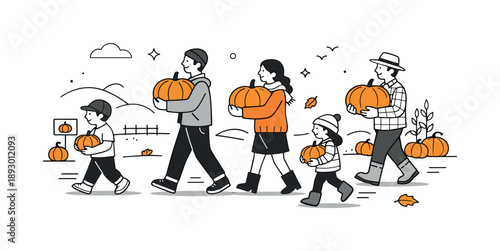 Autumn Pumpkin Harvest. Autumn pumpkin patch visit. People carrying pumpkins across an open field, calm movement and sense of seasonal tradition. Minimalist
