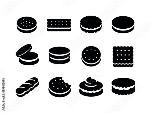 Assorted Biscuit Icons. Sandwich biscuit. Solid icon set of Sandwich biscuit: sandwich cookie, cream filled biscuit, chocolate cream biscuit, vanilla cream