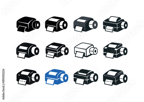 Shipping Printer Logos. Shipping label printer. Icon set. Set Logo of Shipping label printer: printer with label roll. harmonious logo variations of the same