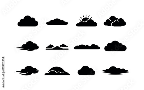 Soft Cloud Icons. Soft Cloud Cover. Solid icon set of Soft Cloud Cover: fluffy cloud, smooth cloud layer, sun diffused, light overcast, drifting cloud shape,