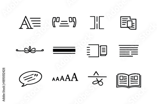 Editorial Typography Icons. Editorial typography. Line icon set of editorial typography: drop cap, pull quote, column break, text wrap, ornament divider,