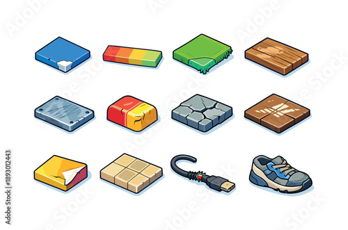 Everyday Wear Icons. Everyday wear and tear. Colorful isometric vector icons set of everyday wear and tear: chipped edge, faded color strip, frayed cloth