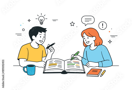 Shared Reading Experience. Book club moment. A pair of readers with an open non-fiction book between them, exchanging ideas and highlighting notes, warm