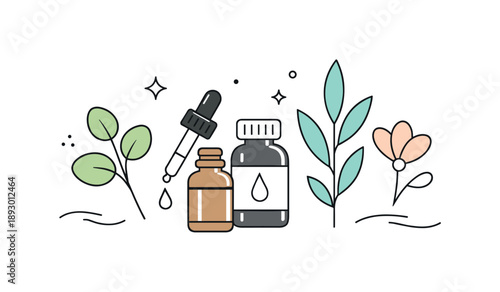 Minimalist Wellness Illustration. Wellness and Self Care. Essential oils, leaves, and a minimalist flower in soft balanced layout. Clean lifestyle aesthetic