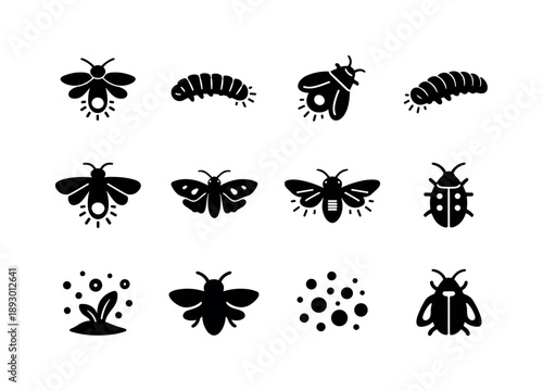 Bioluminescent Insects Icons. Bioluminescent insects. Solid icon set of Bioluminescent insects: firefly, glowworm, luminous beetle, glowing larva, light