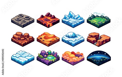 Colorful Space Landscapes. Space landscapes. Colorful isometric vector icons set of space landscapes: crater field, lava plains, icy ridges, methane lake,