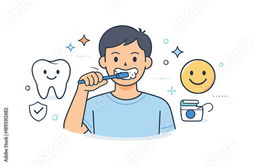 Oral Health Illustration. Brushing teeth dental care. A person brushing teeth with tooth and smile icons floating nearby. Focus on oral health and preventive
