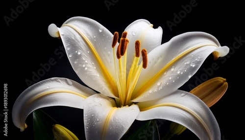Close Up Of A Beautiful White Lily With Yellow Stamens On Black Background