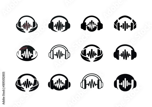 Soulful Music Logos. Soulful music. Icon set. Set Logo of Soulful music: headphones embracing sound pulse. harmonious logo variations of the same emblematic