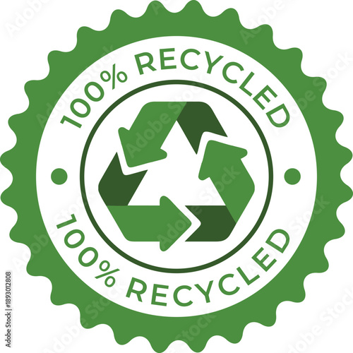 Obraz na płótnie Green 100% RECYCLED circle badge with arrows recycle symbol, vector isolated